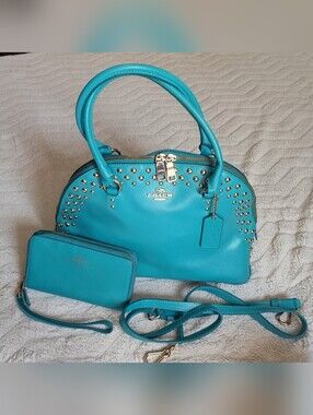 Coach F35216 Turquoise Leather Studded Satchel With Matching Wallet And Strap